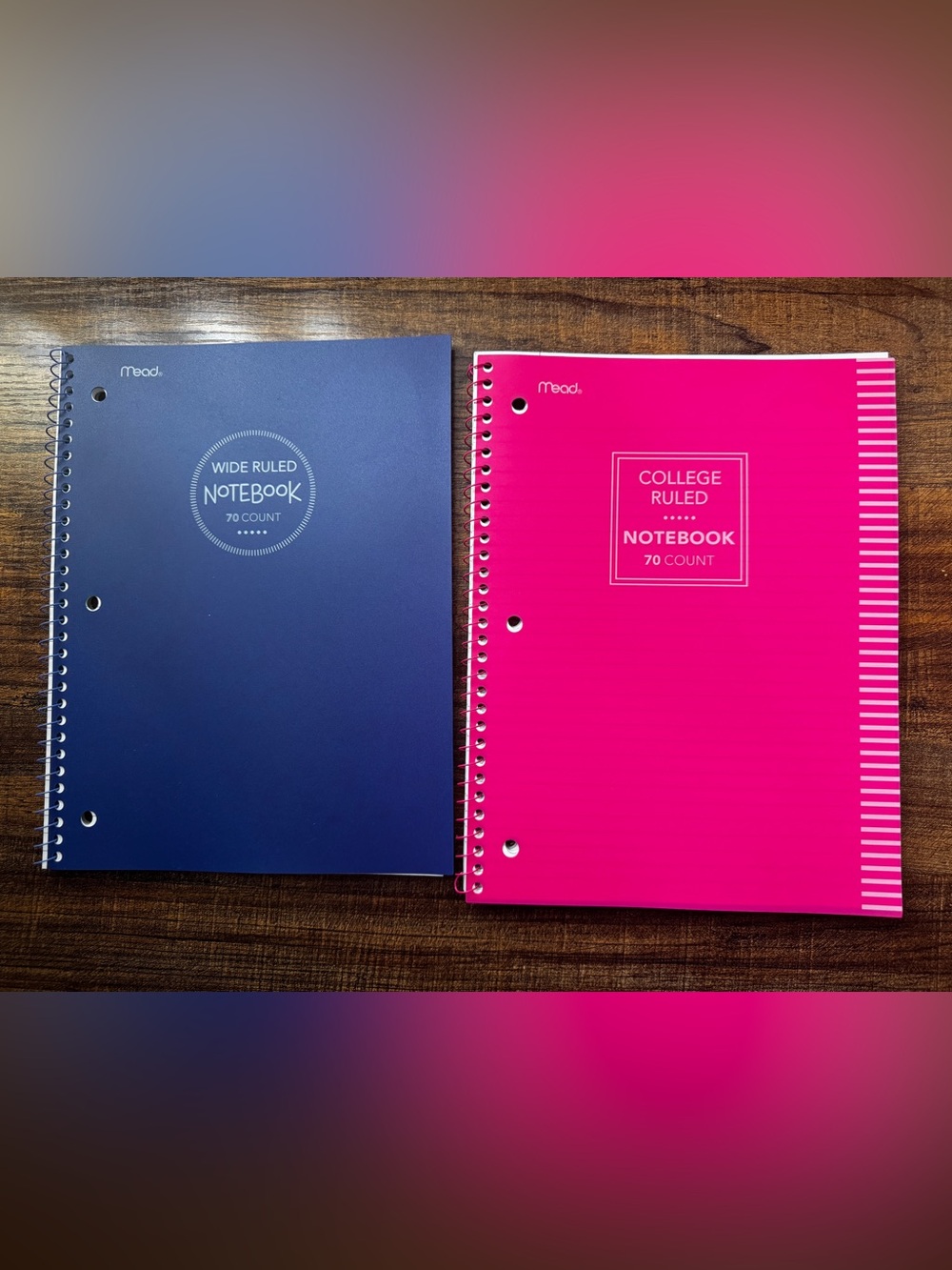 Mead 1-Subject Spiral Notebook (Lot of 2)Blue & Pink 70 Count Wide College Ruled